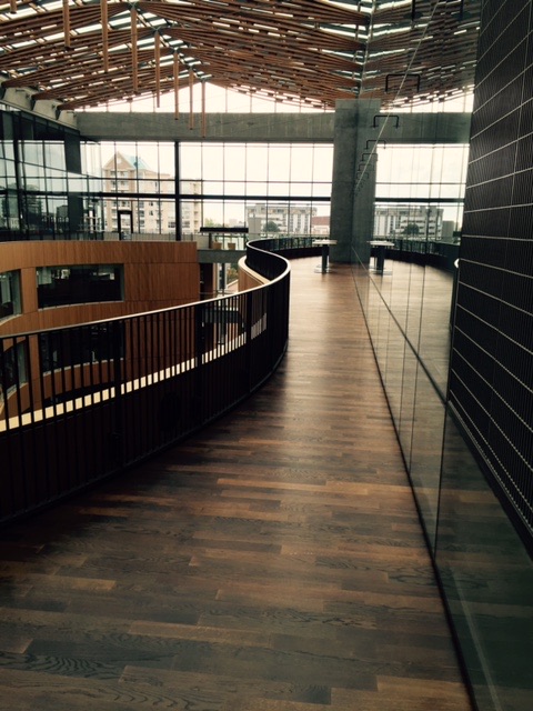 Curved commercial walkway with dark hardwood flooring and glass balustrade